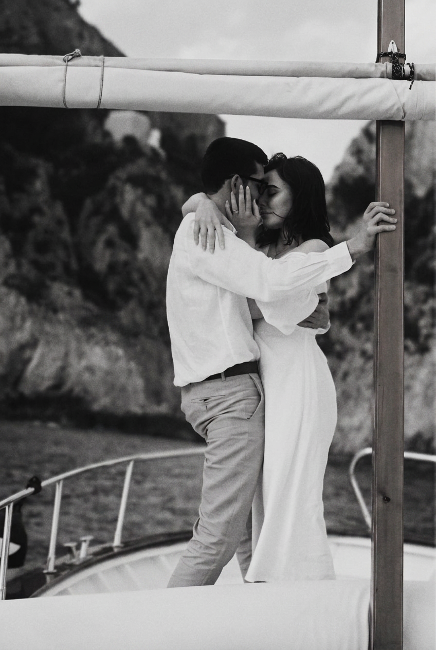 Couple embracing on a boat deck by the sea cliffs