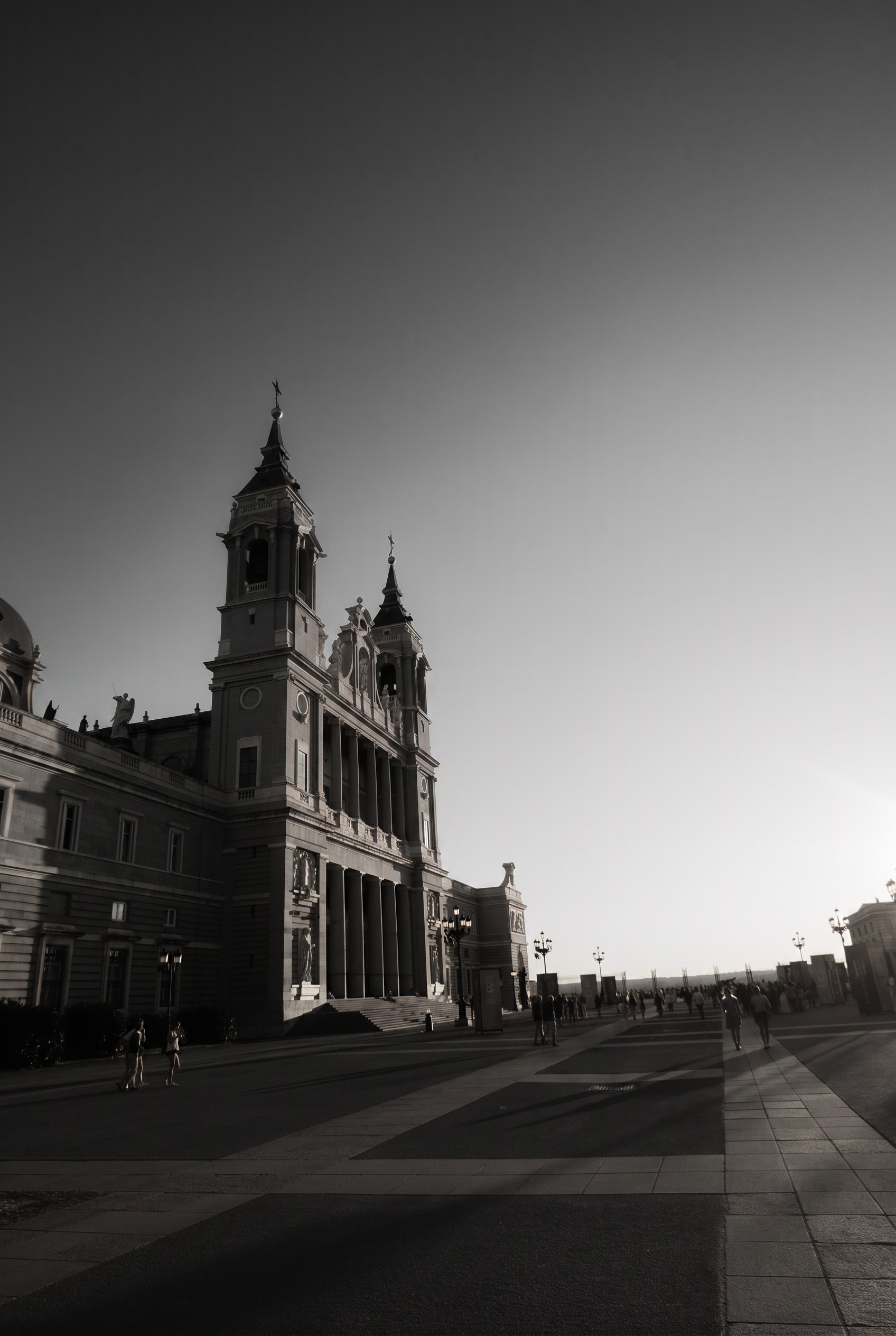 Almudena Cathedral in golden evening light with long shadows